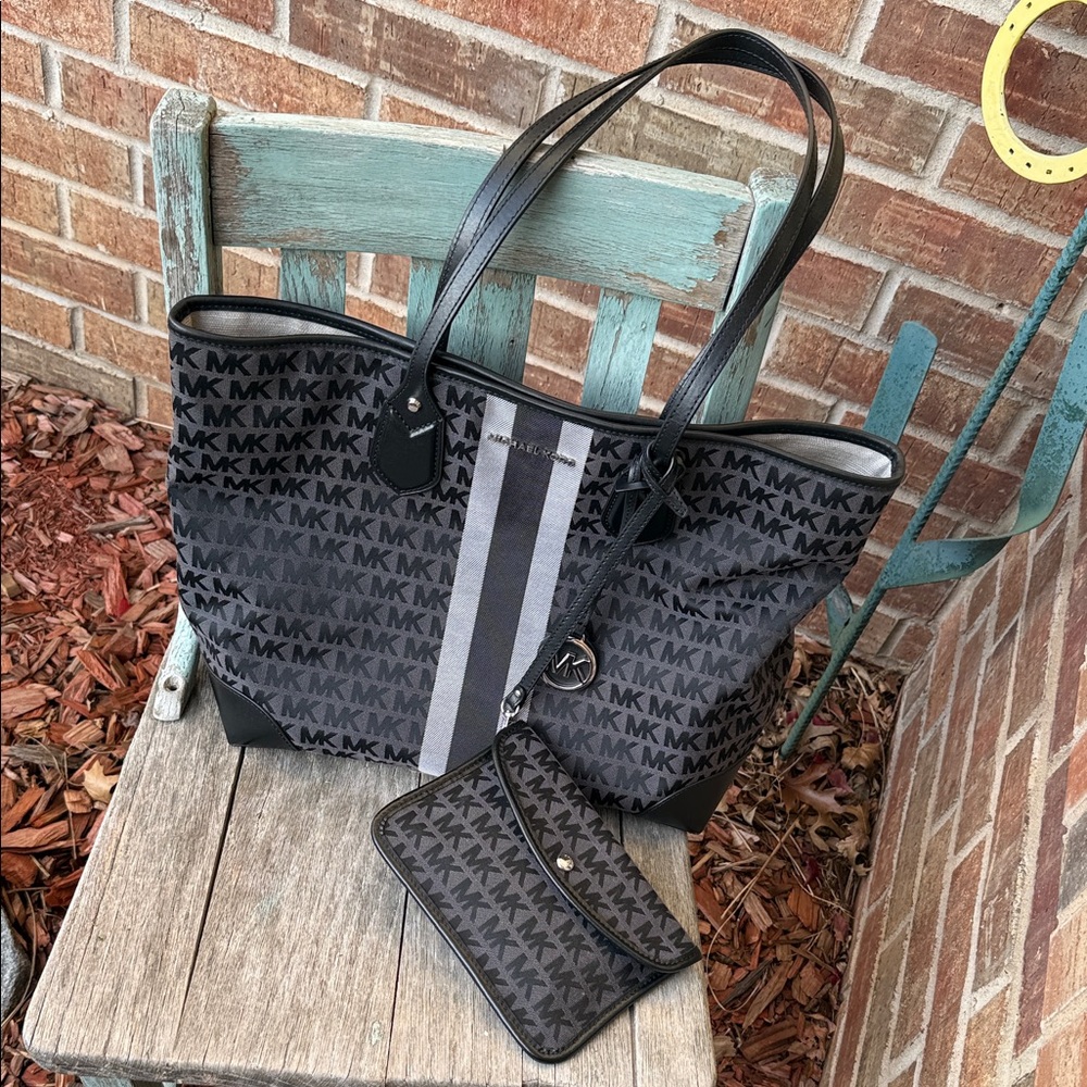 Michael Kors Black and Gray Eva Signature Tote with attachable matching Pouch